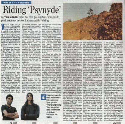 Psynyde Bicycles & Components feature in "The Hindu" (2013)