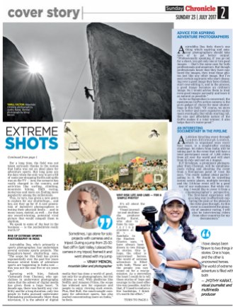 The Deccan Chronicle | Extreme Shots - Feature on Extreme Sports Photographers and Film Makers - 23rd July 2017